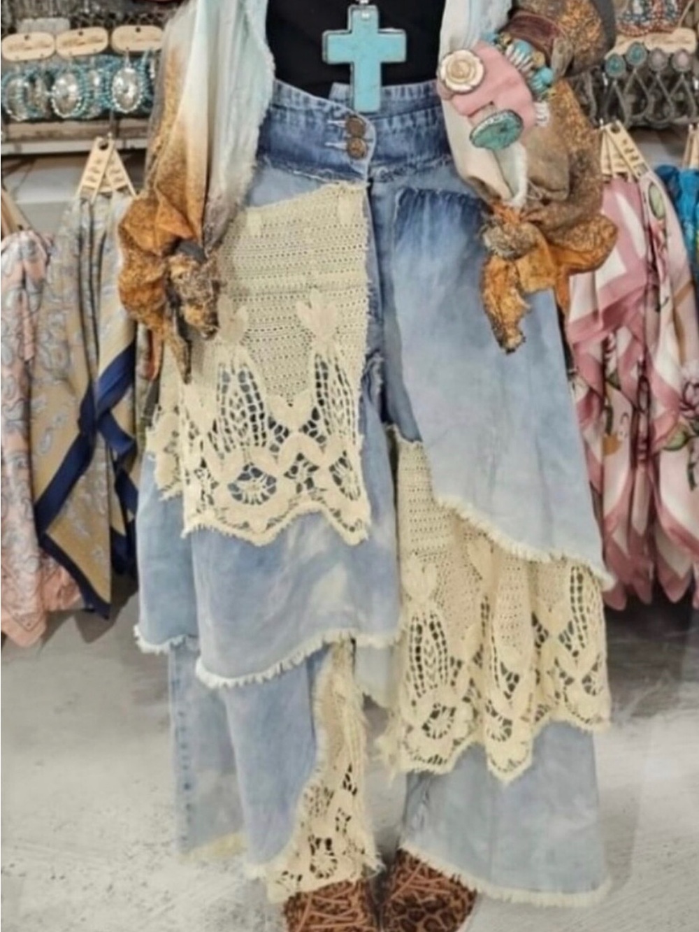 A Rare Bird Light Blue Wide-Leg Denim Pants with Cream Crochet Panels- rare
